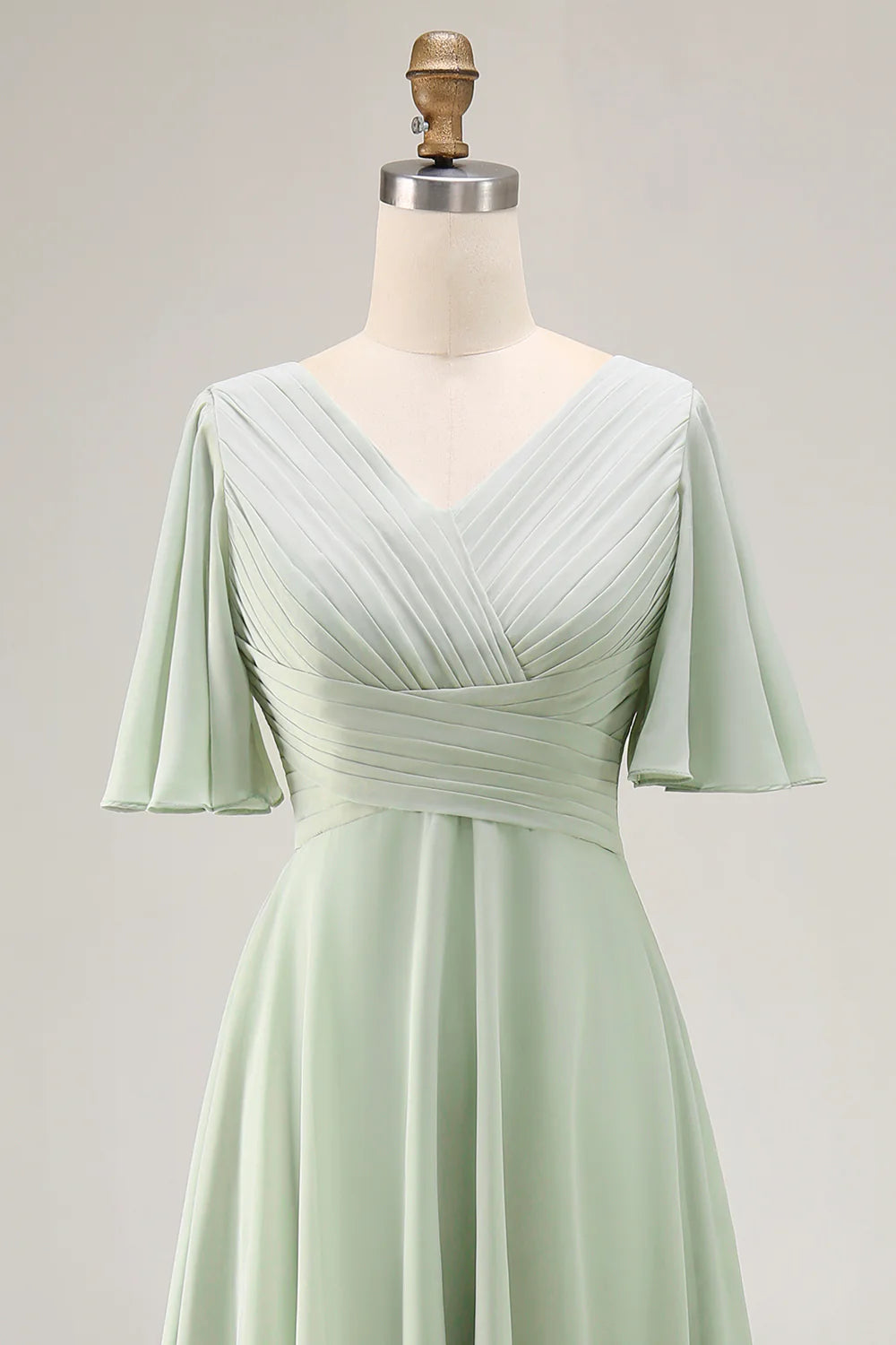 Sage Green A Line Chiffon Pleated High Low Bridesmaid Dress with Short Sleeves