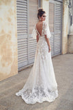 Romantic Ivory Flower Appliques Wedding Dress Lace Long Bridal Dresses