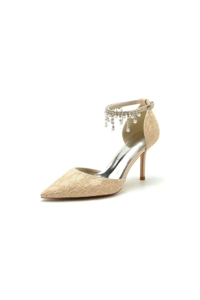 Elegant White Ankle Strap Pearl Beaded Wedding Shoes