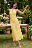 Halter Yellow Keyhole Mermaid Wedding Guest Dress with Appliques