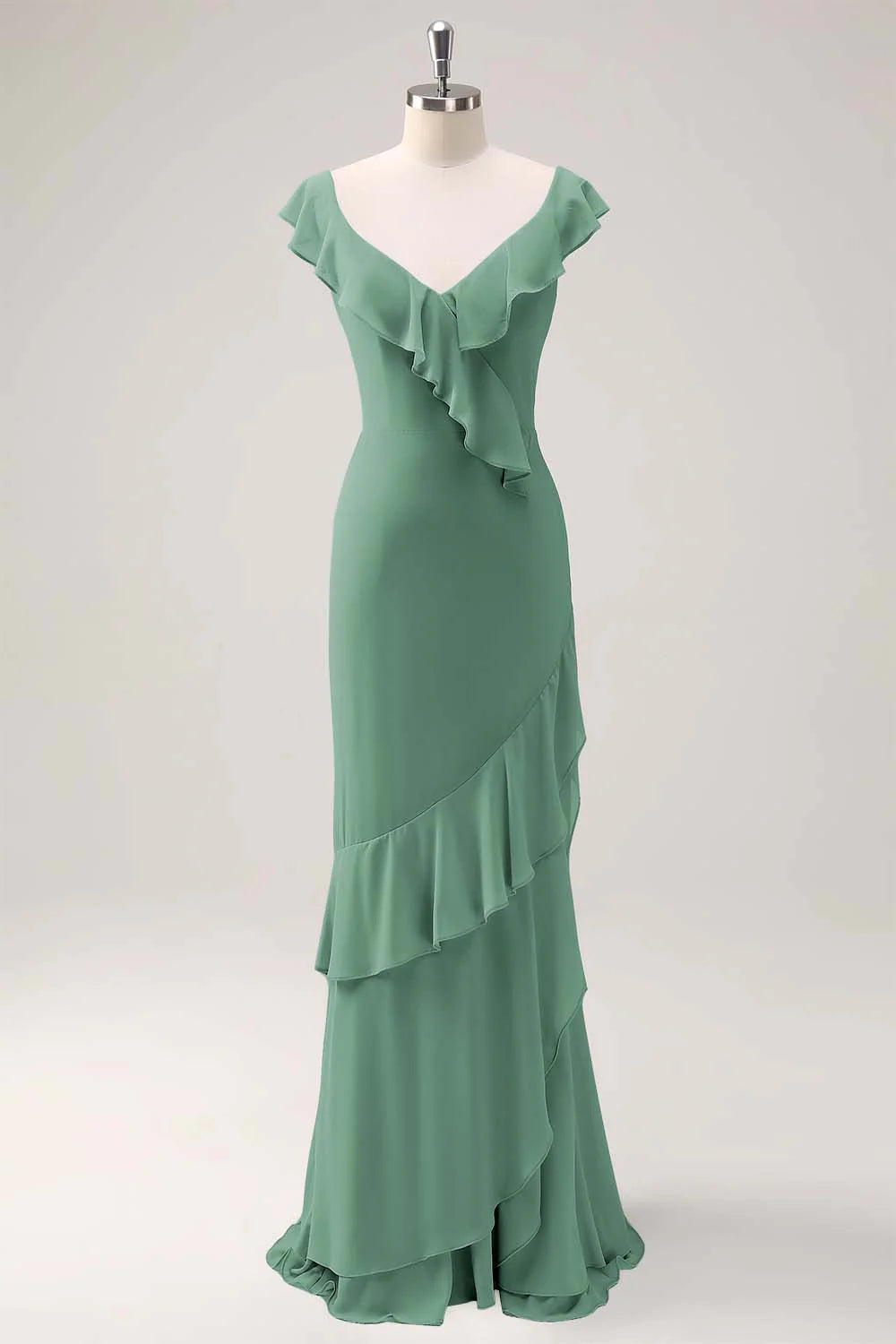 Dusty Sage Sheath V Neck Open Back Chiffon Long Bridesmaid Dress with Ruffles
