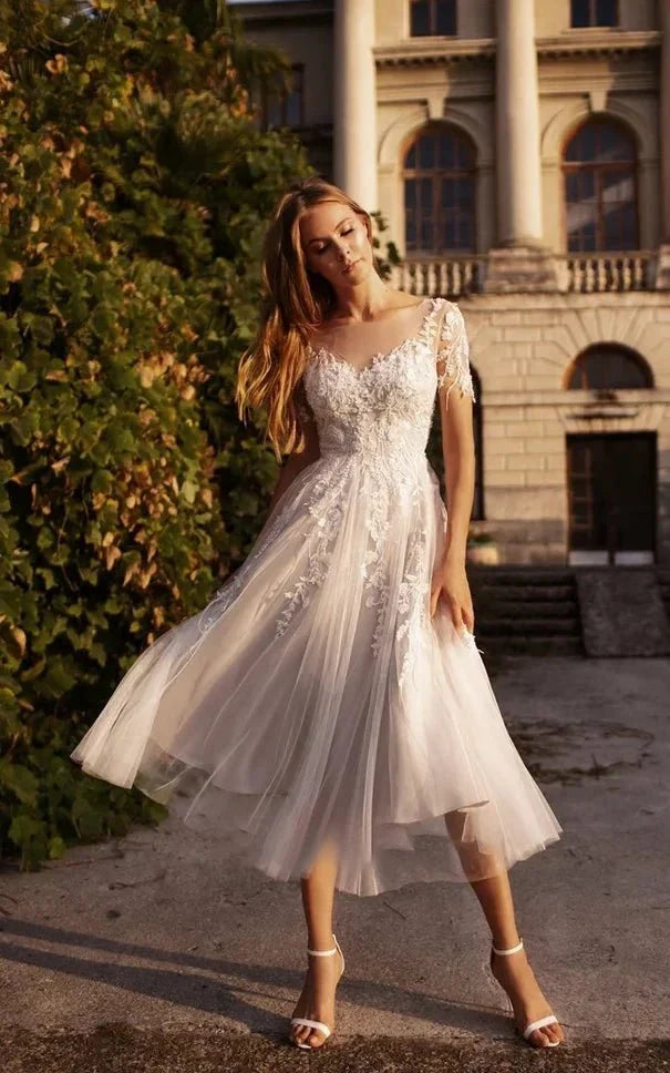 Tea Length Sleeves Ethereal Modern A Line V Neck Button Back Wedding Dress