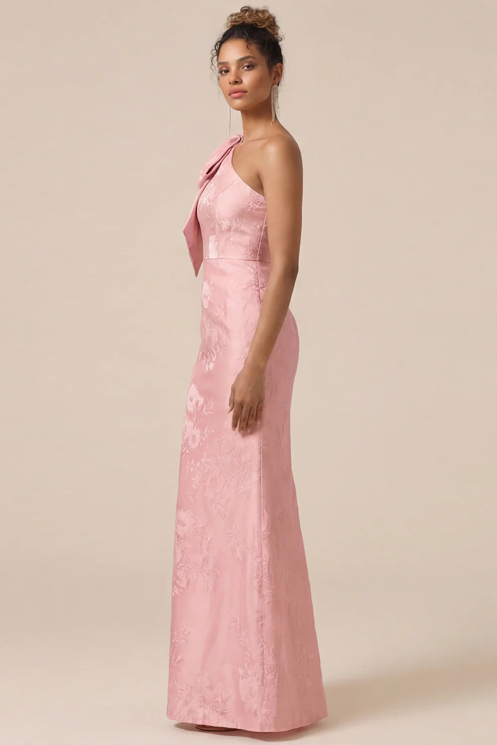Blush Pink Mermaid One Shoulder Floral Long Bridesmaid Dress with Bow