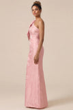 Blush Pink Mermaid One Shoulder Floral Long Bridesmaid Dress with Bow