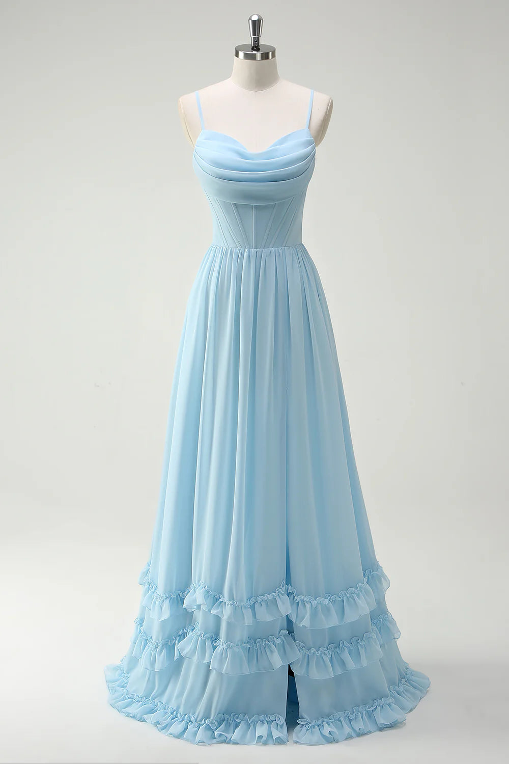 Sky Blue A Line Cowl Neck Corset Floor Length Bridesmaid Dress with Ruffle Slit