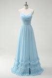 Sky Blue A Line Cowl Neck Corset Floor Length Bridesmaid Dress with Ruffle Slit