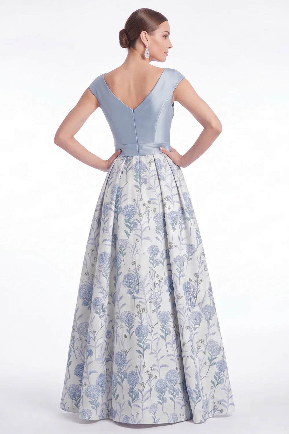 Blue Flower A Line V Neck Ruched Mother of the Bride Dress with Cap Sleeves