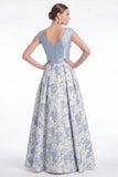Blue Flower A Line V Neck Ruched Mother of the Bride Dress with Cap Sleeves