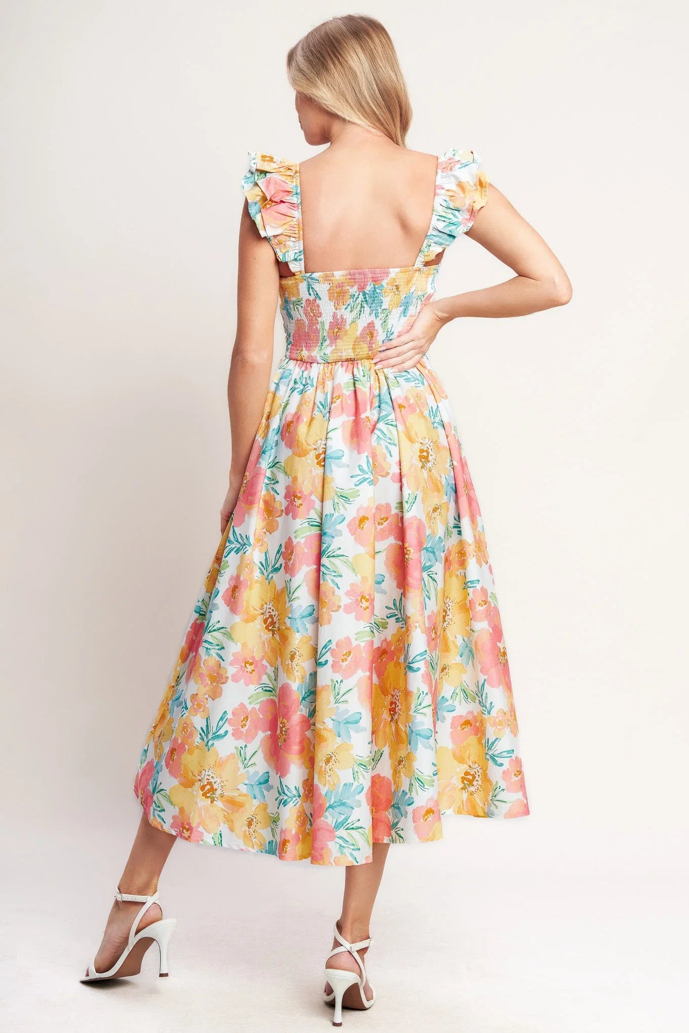 SOFT SUNSHINE FLORAL MIDI DRESS