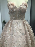 Spaghetti Strap 3D Flower Applique Sky Blue Prom Dresses Ball Gowns