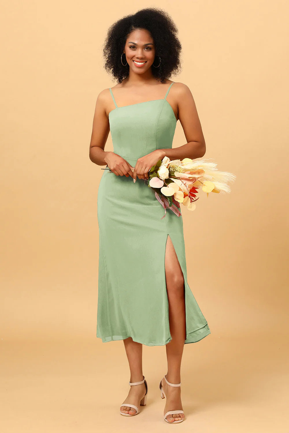 Sheath Spaghetti Straps Midi Chiffon Bridesmaid Dress with Slit
