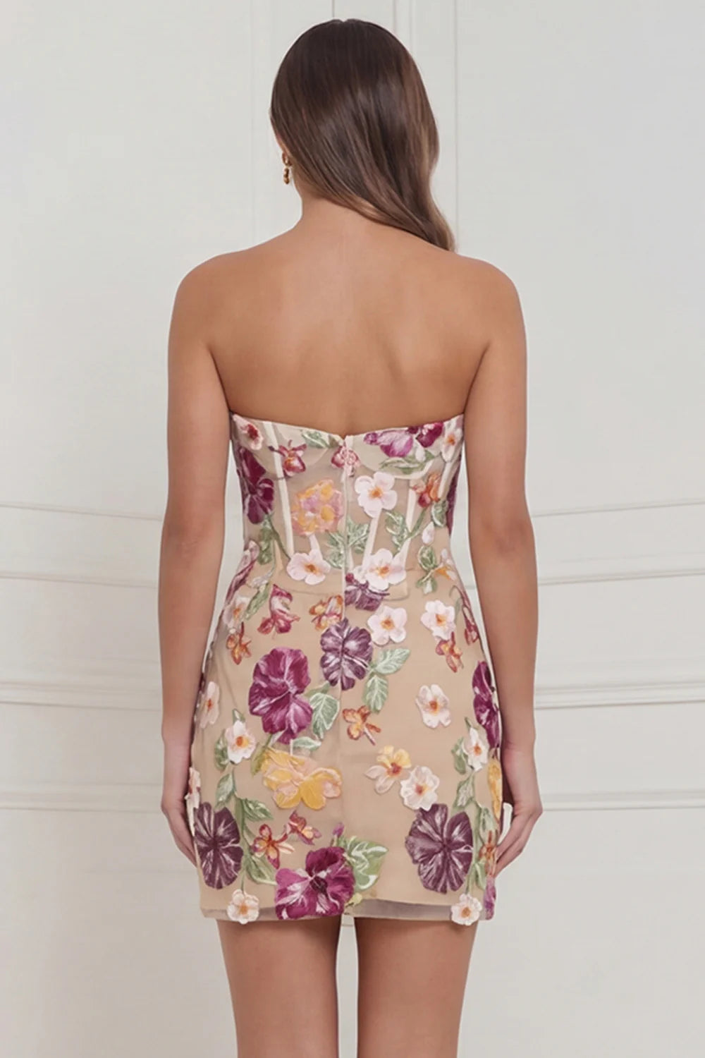 Strapless Apricot Flower Bodycon Corset Appliqued Mini Dress