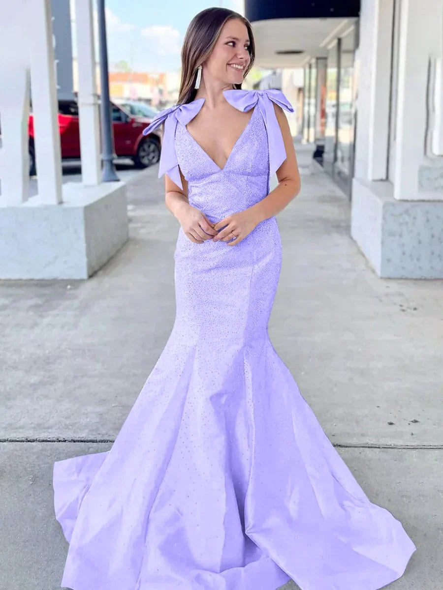 Sky Blue V Neck Mermaid Satin Long Prom Dress With Bow