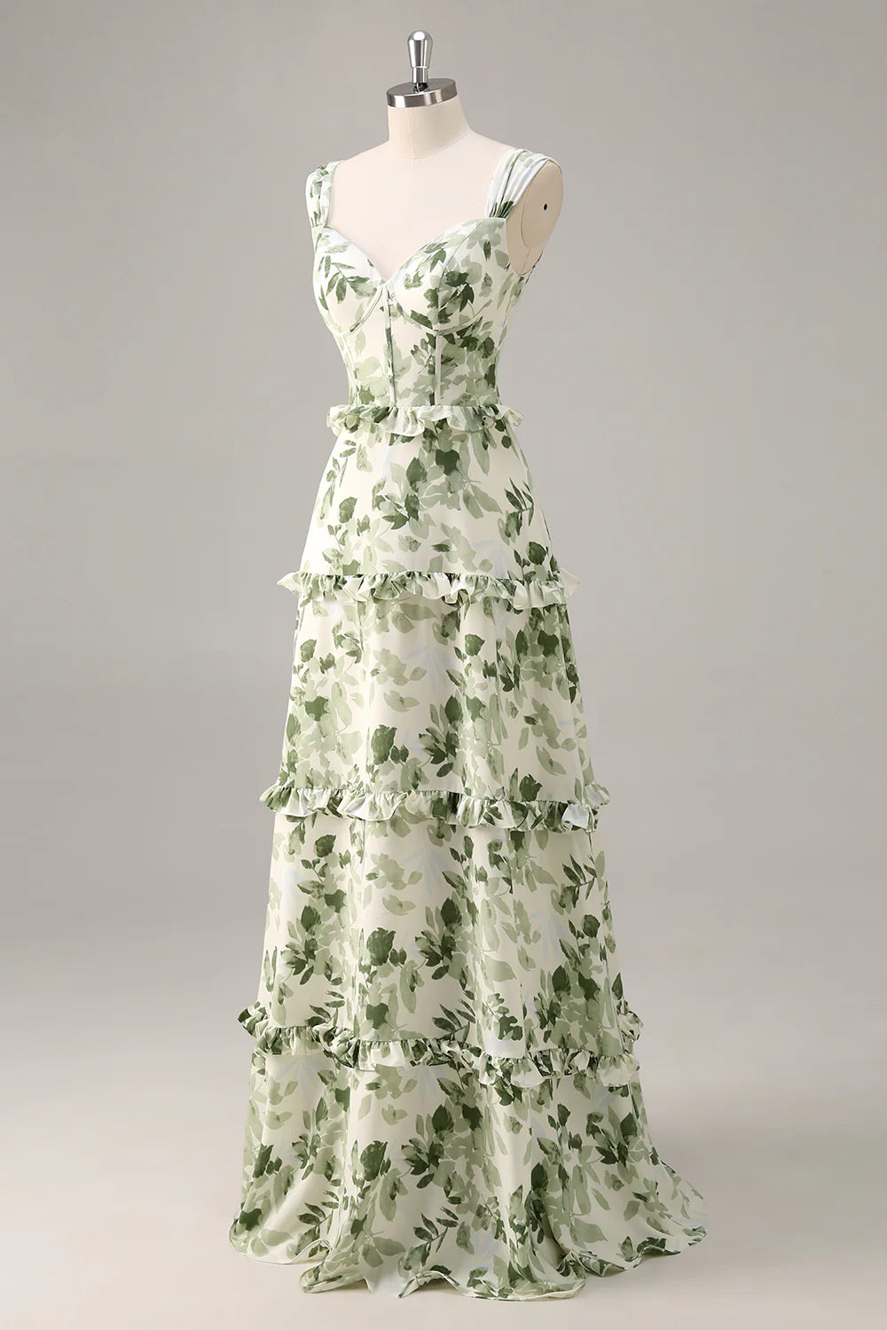 Green Flower A Line Corset Ruffle Long Bridesmaid Dress with Lace Up Back