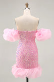 Pink Off The Shoulder Bodycon Sequins Short Homecoming Dress