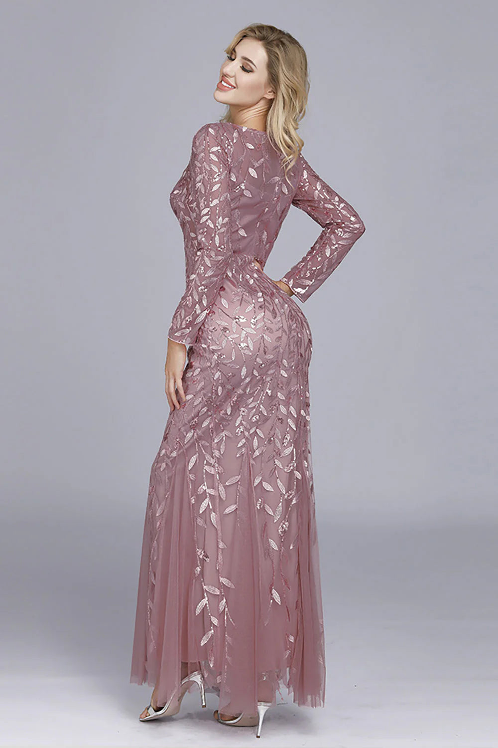 Dusty Rose Mermaid Boat Neck Evening Dress with Appliques
