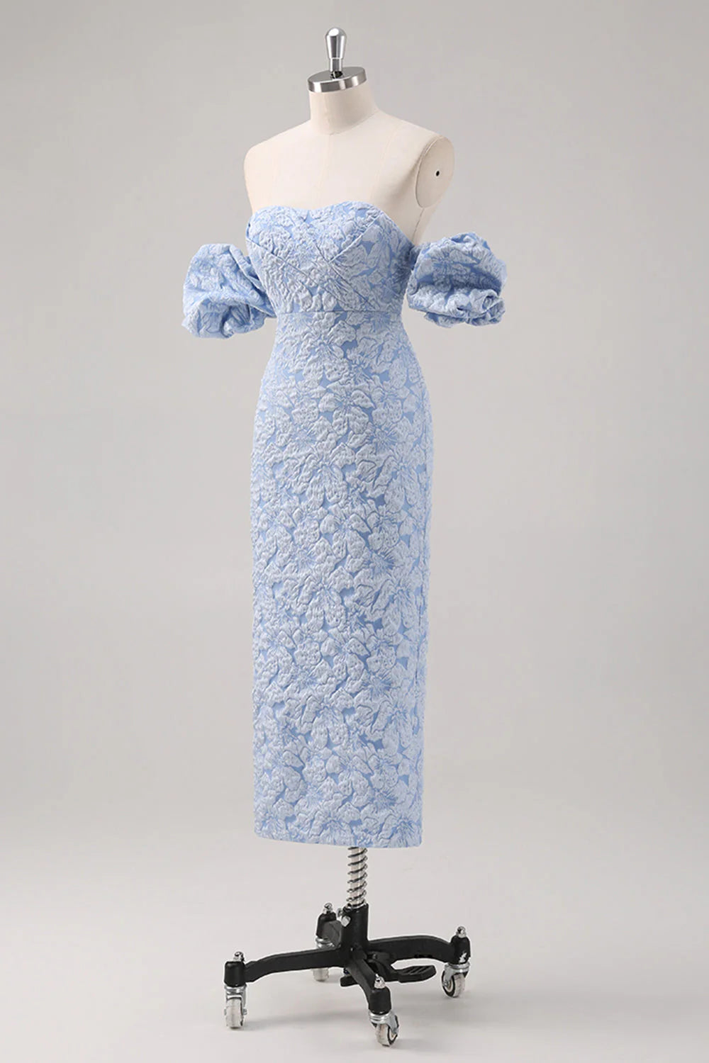 Simple Blue Floral Sheath Tea Length Brocade Formal Dress with Puff Sleeves