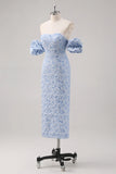 Simple Blue Floral Sheath Tea Length Brocade Formal Dress with Puff Sleeves