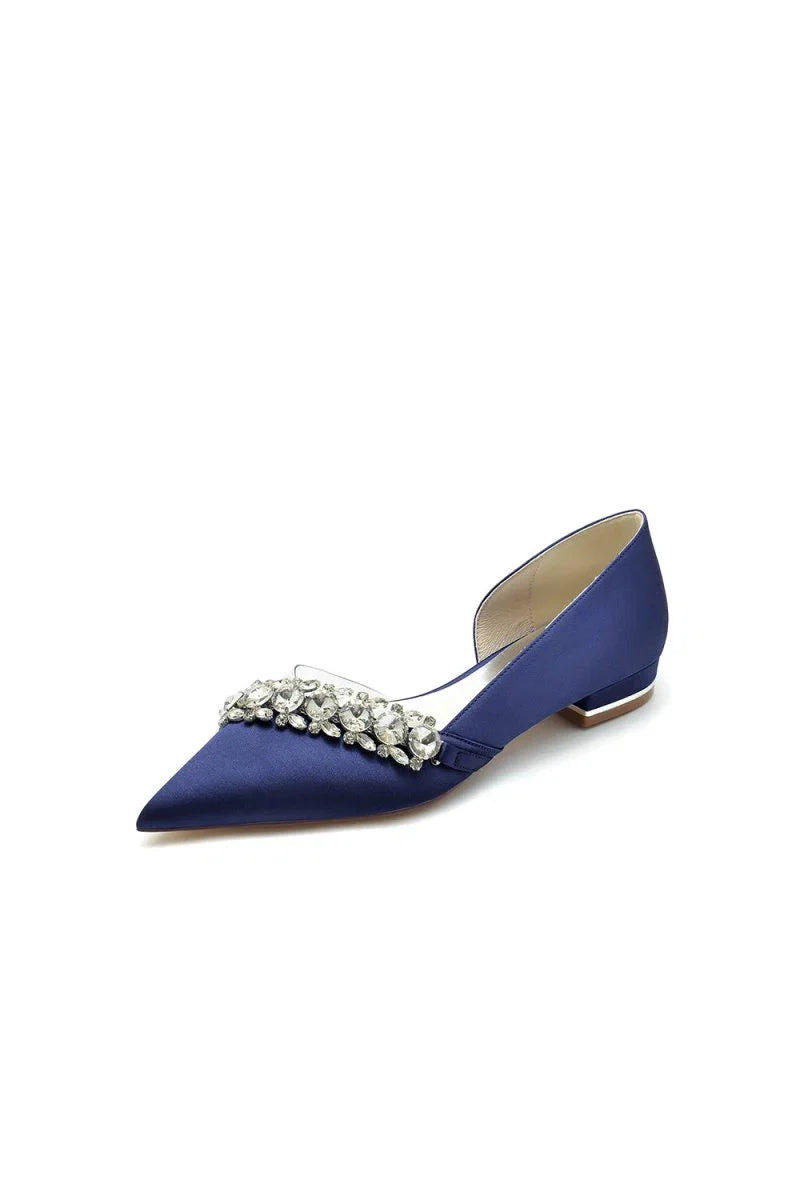 Pointed Toe Slip on Satin Low Heels With Rhinestone