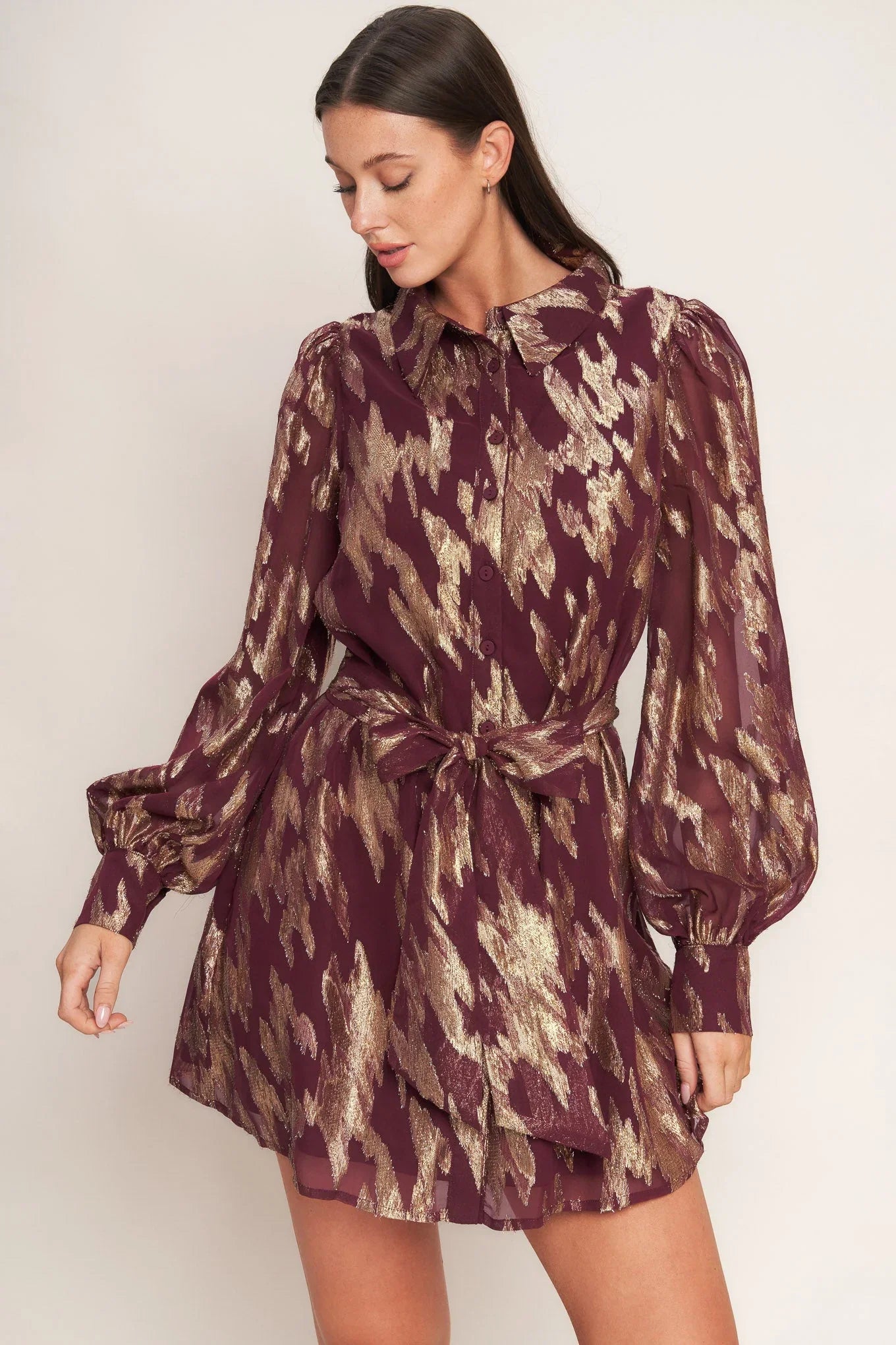 METALLIC MUSE BURGUNDY LONG SLEEVE MINI DRESS