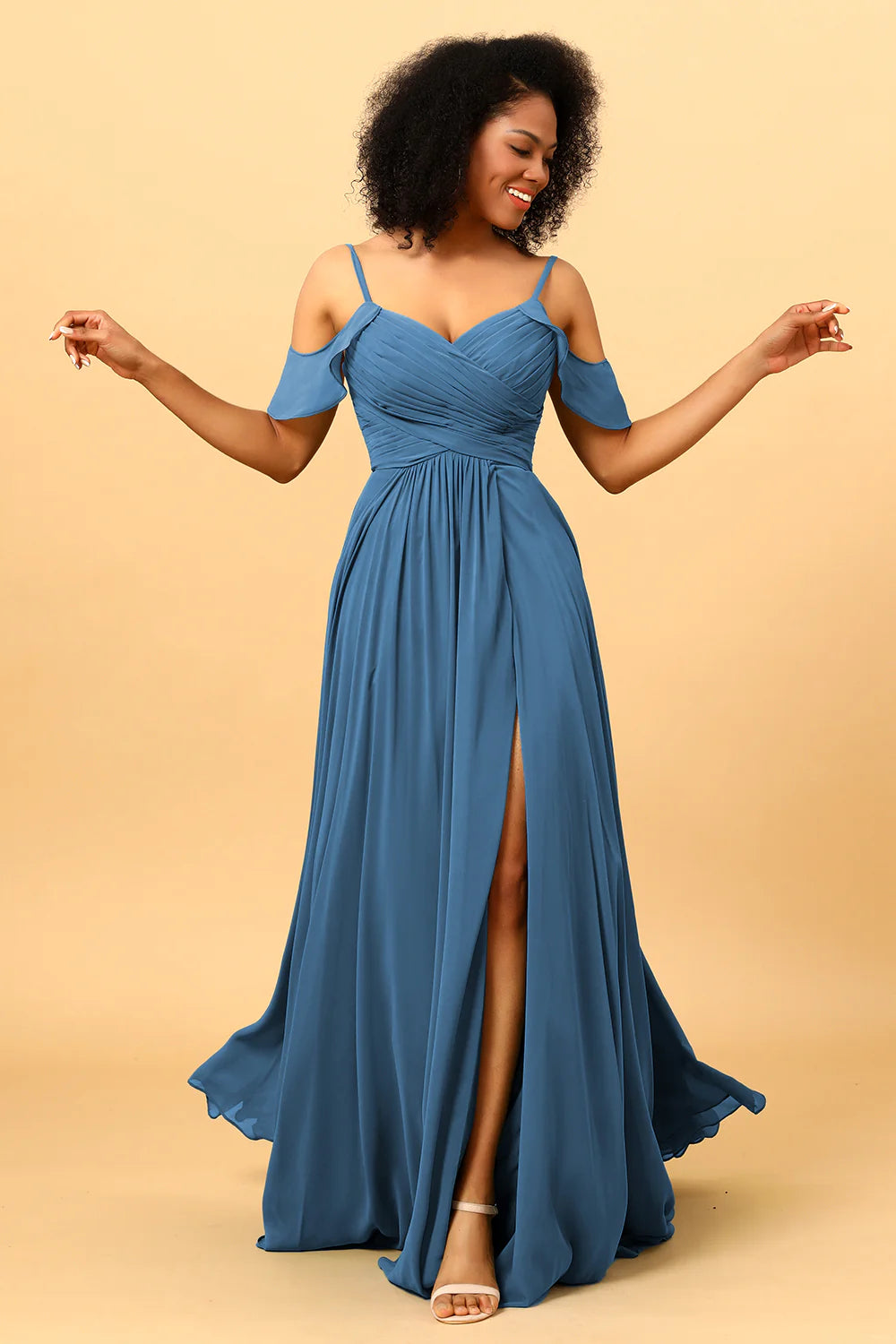 A Line Spaghetti Straps Long Chiffon Bridesmaid Dress With Slit