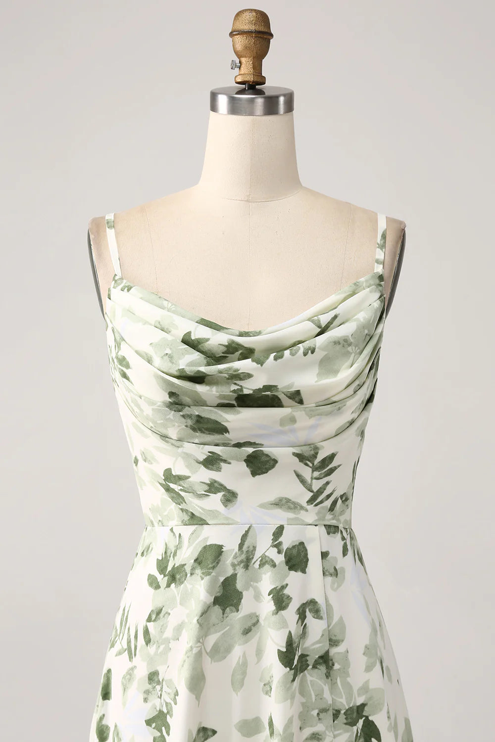 A Line Cowl Neck Printed Long Green Bridesmaid Dress With Slit