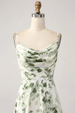 A Line Cowl Neck Printed Long Green Bridesmaid Dress With Slit