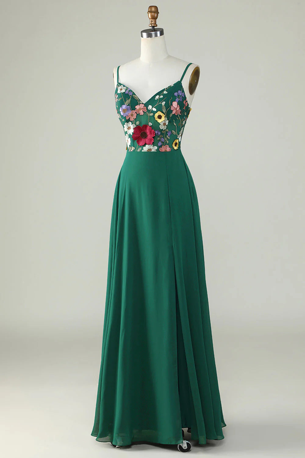 Dark Green A Line Spaghetti Straps Floor Length Dress with 3D Flowers