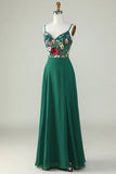Dark Green A Line Spaghetti Straps Floor Length Dress with 3D Flowers