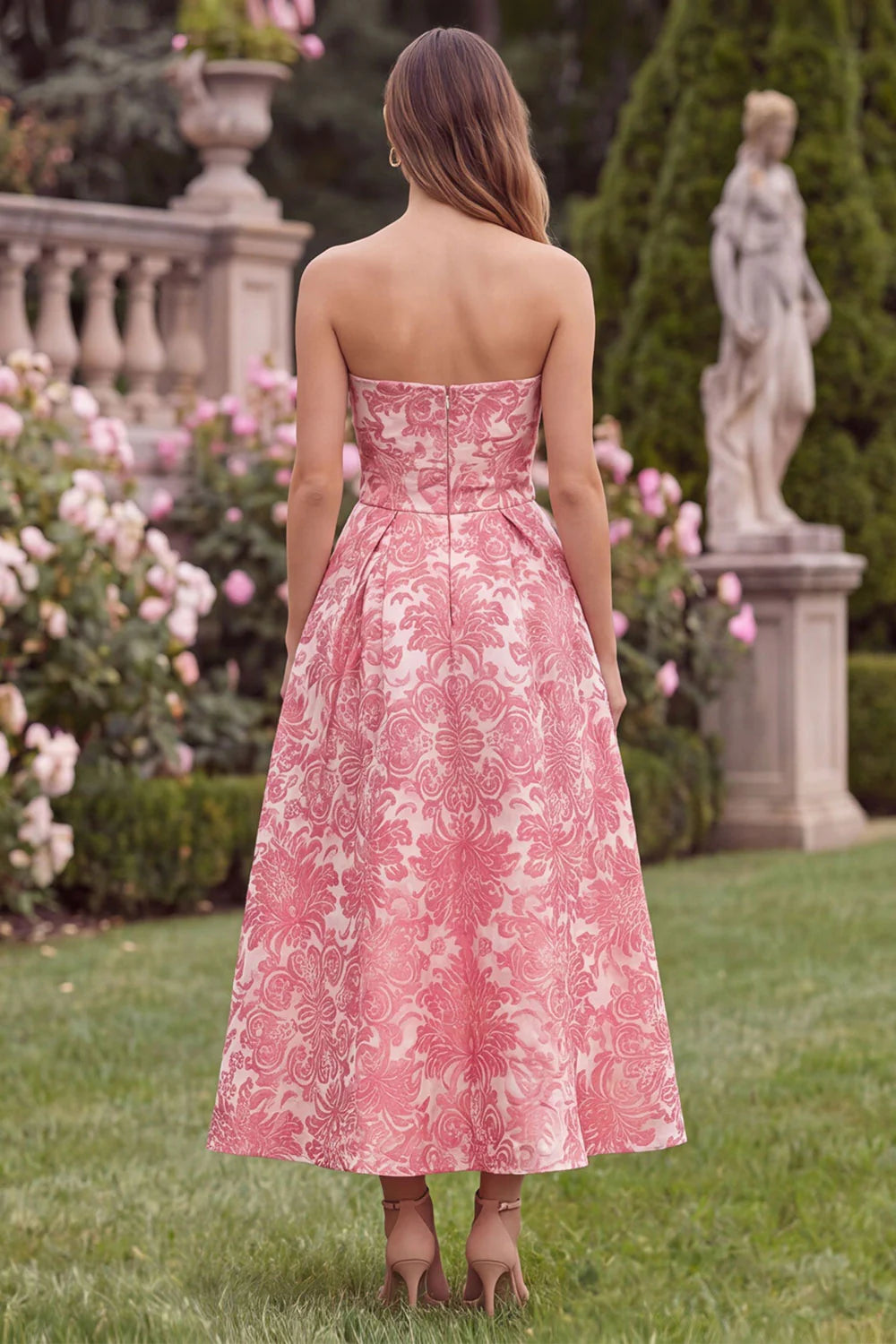 Strapless A Line Pink Floral Jacquard Wedding Guest Dress with Pockets
