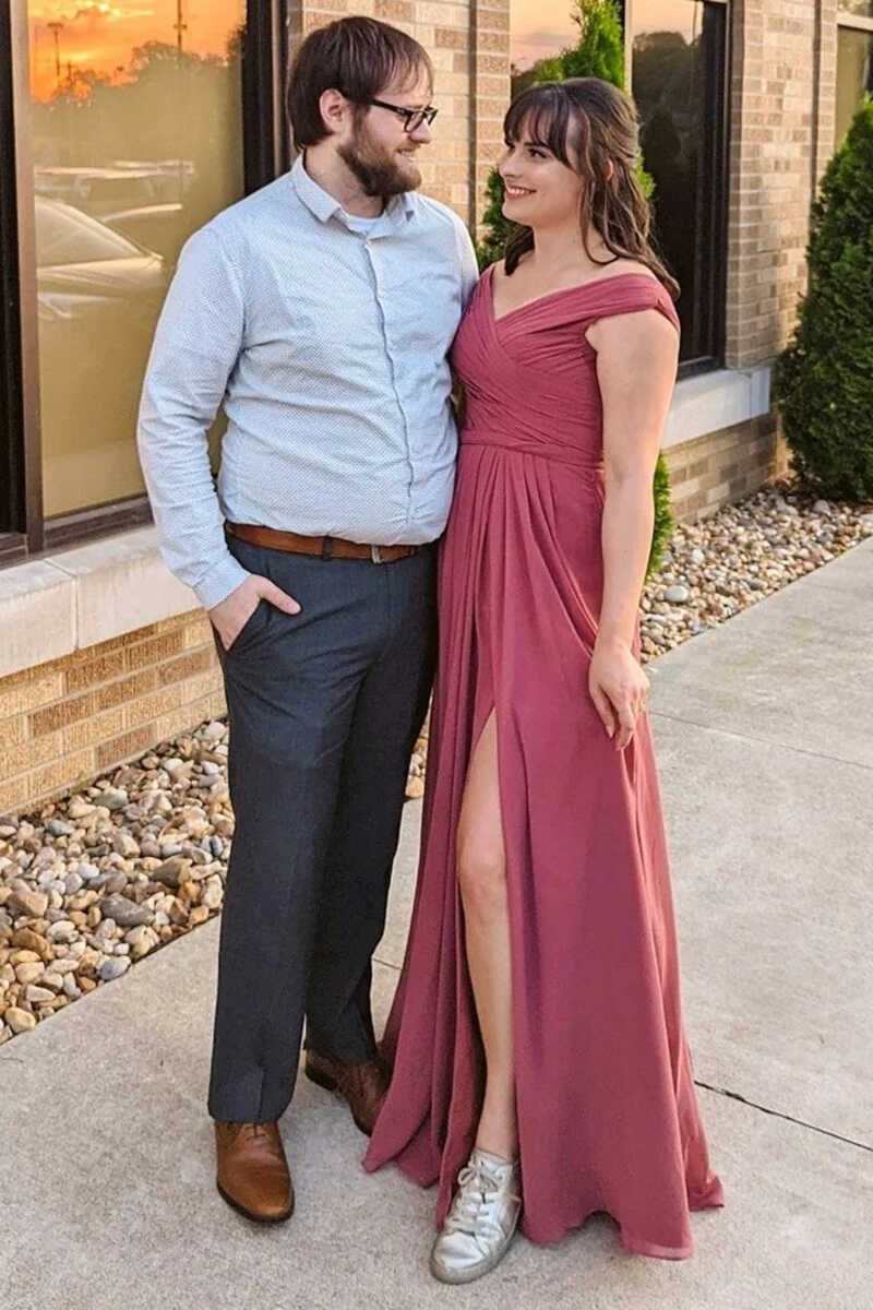 Chiffon Off the Shoulder Long Bridesmaid Dress with Slit