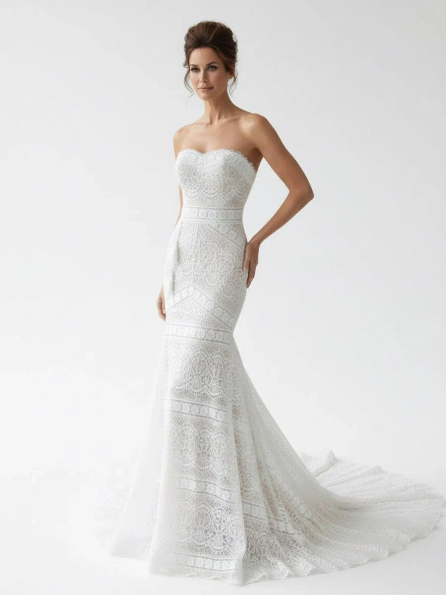 Vintage White Mermaid Lace Wedding Dress with Tassel