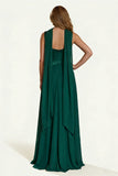 Dark Green Satin A Line Long Bridesmaid Dress with Streamer