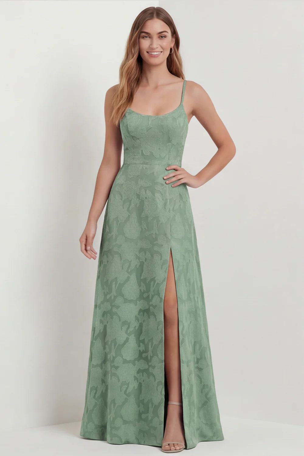 Dusty Blue A Line Floral Burnout Maxi Bridesmaid Dress with Slit