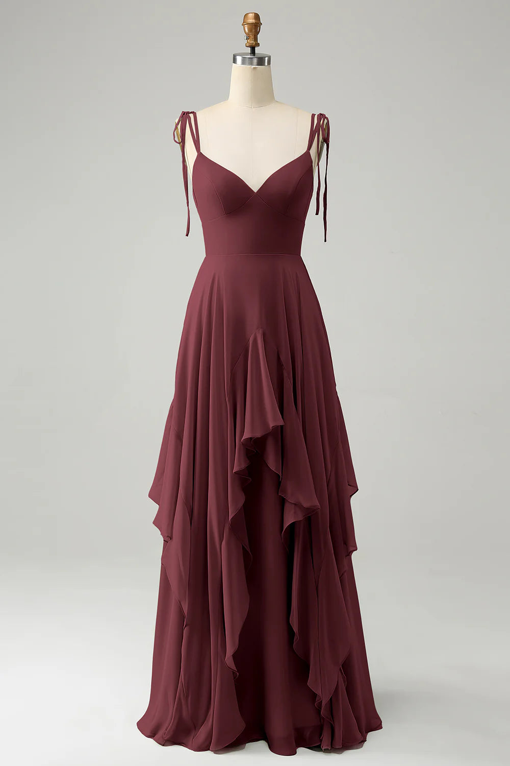 A Line Spaghetti Straps Chiffon Long Bridesmaid Dress with Ruffles
