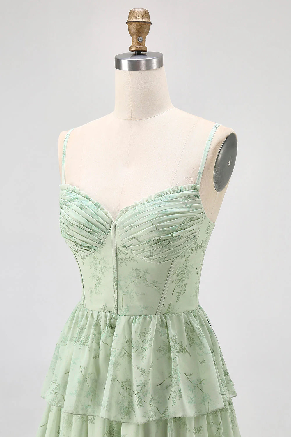 Dusty Sage A Line Corset Tiered Print Floral Long Bridesmaid Dress with Slit