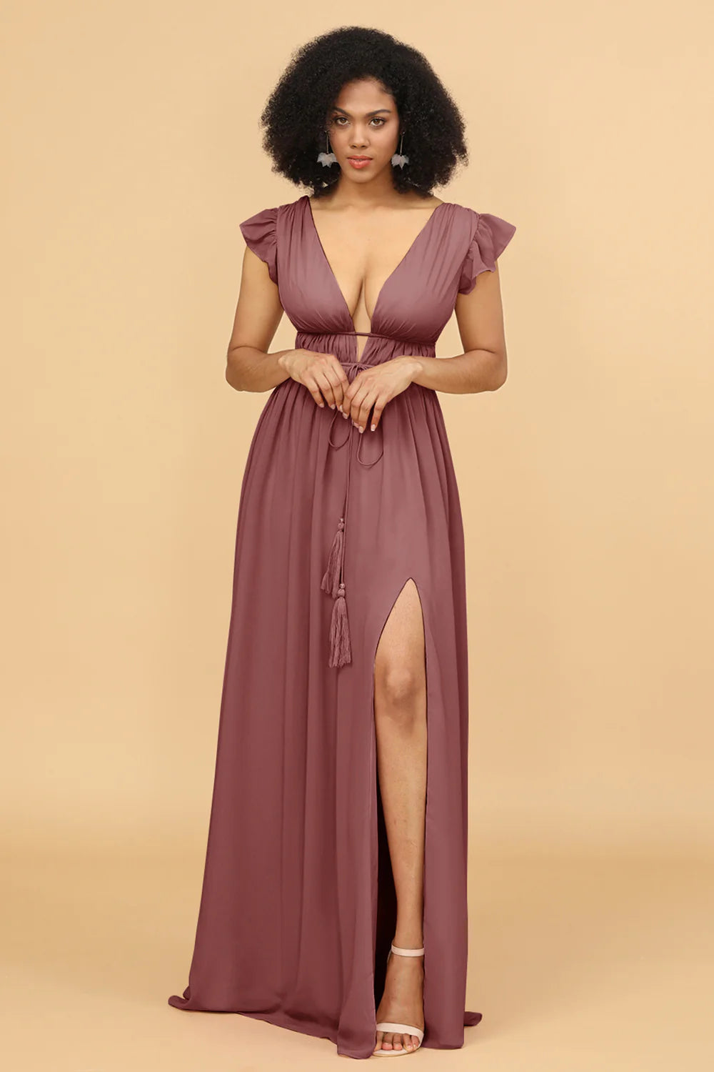 A Line Deep V Neck Long Chiffon Bridesmaid Dress with Slit
