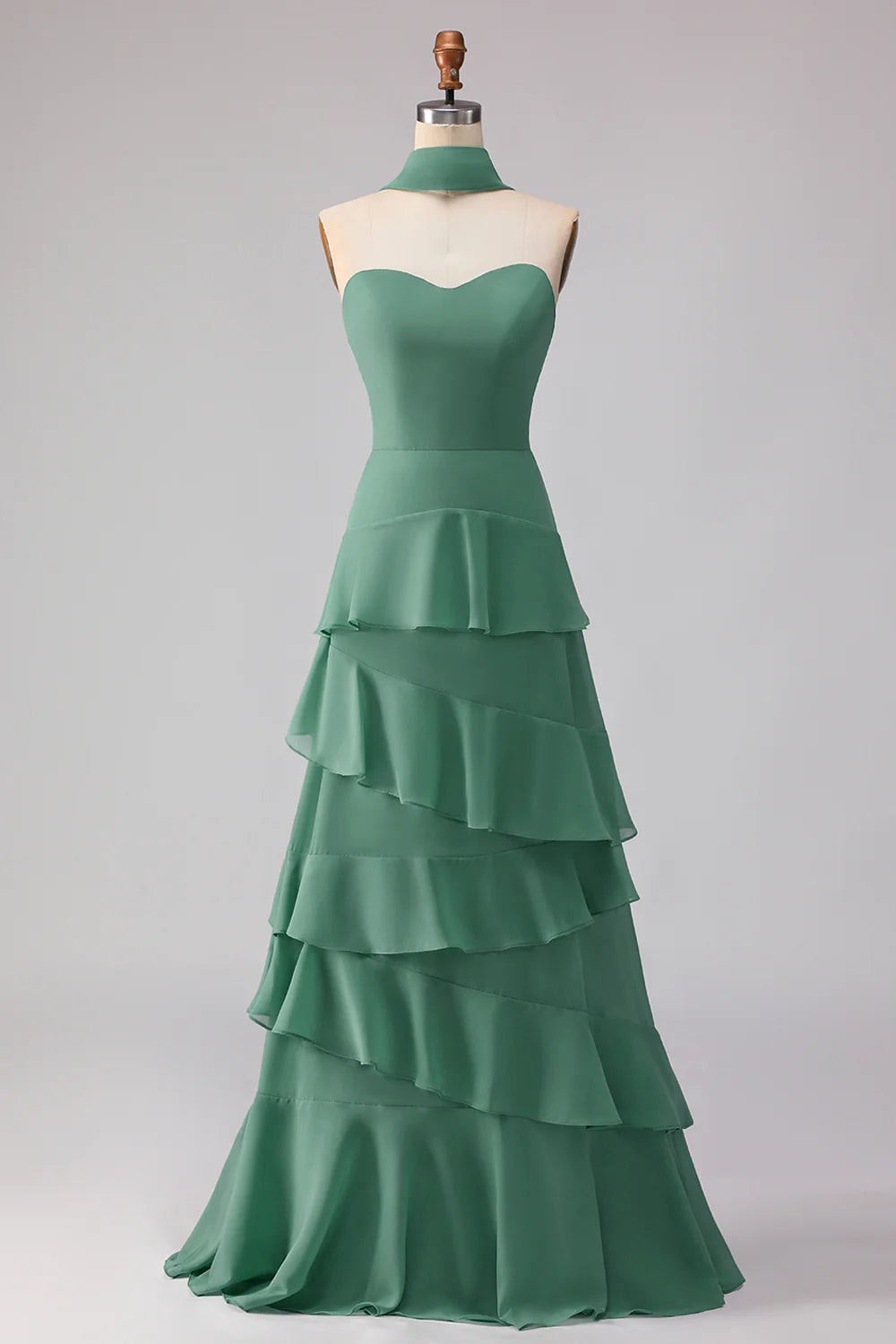 Eucalyptus Sweetheart A Line Tiered Ruffled Long Bridesmaid Dress with Streamer