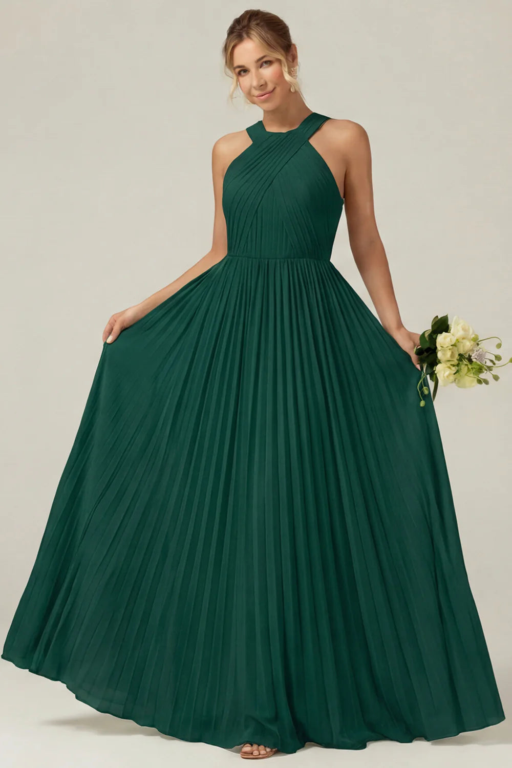 Dusty Sage A Line Halter Pleated Long Bridesmaid Dress