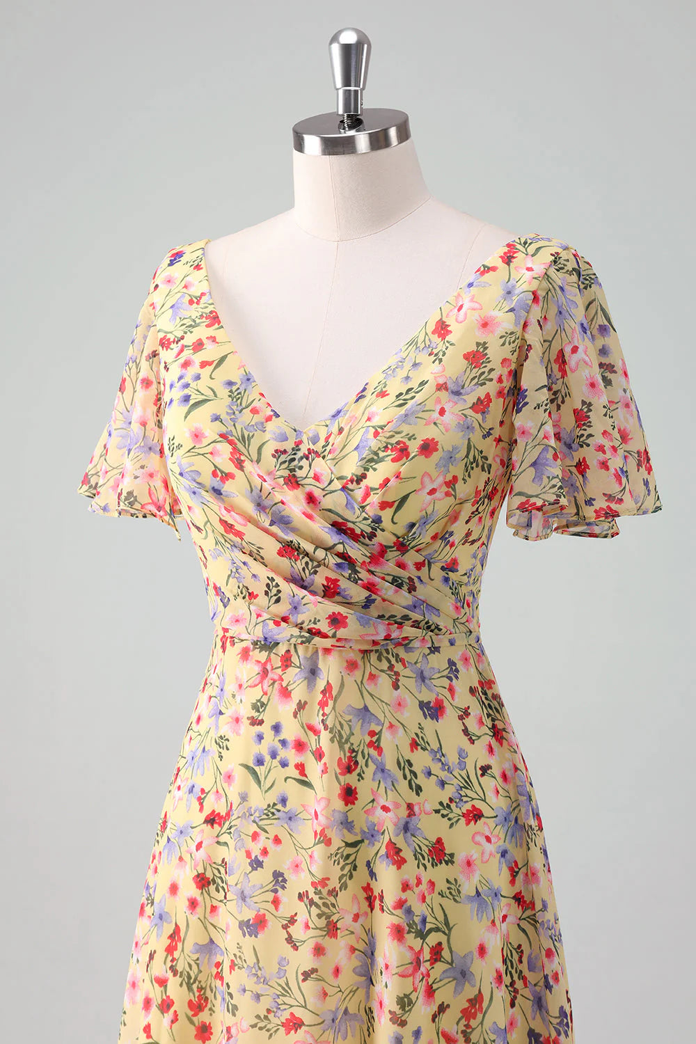 Yellow Flower Printed A Line Chiffon V Neck Bridesmaid Dress with Short Sleeves