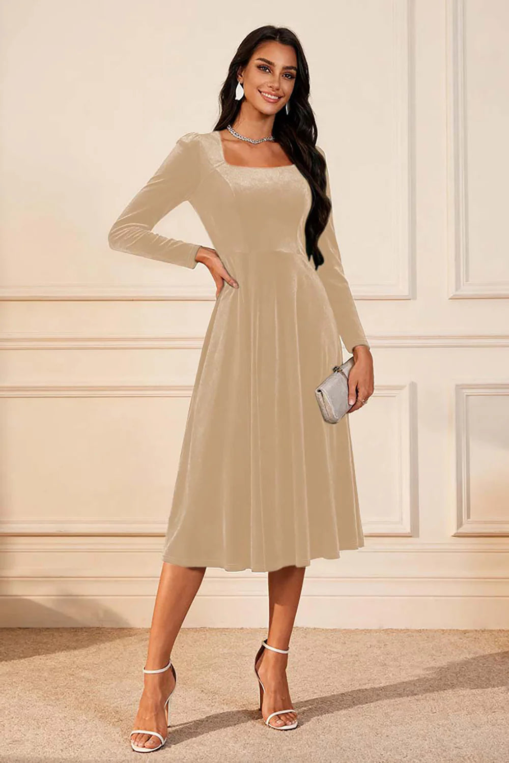 Dark Green A Line Velvet Long Sleeves Holiday Party Dress