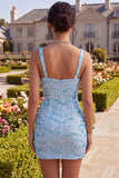 Bodycon Sky Blue Sequin Short Homecoming Dress with Slit