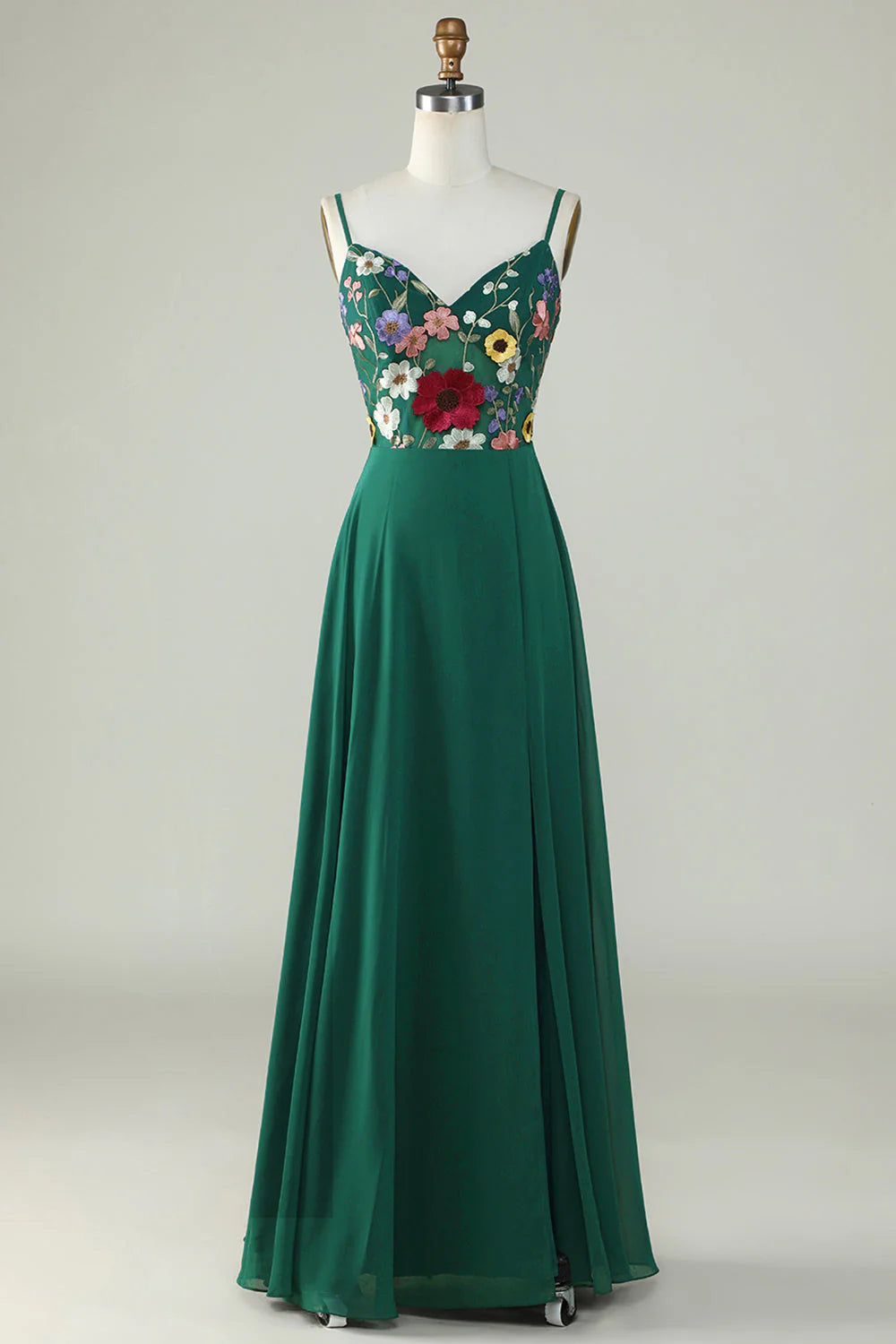 Dark Green A Line Spaghetti Straps Floor Length Dress with 3D Flowers