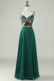 Dark Green A Line Spaghetti Straps Floor Length Dress with 3D Flowers