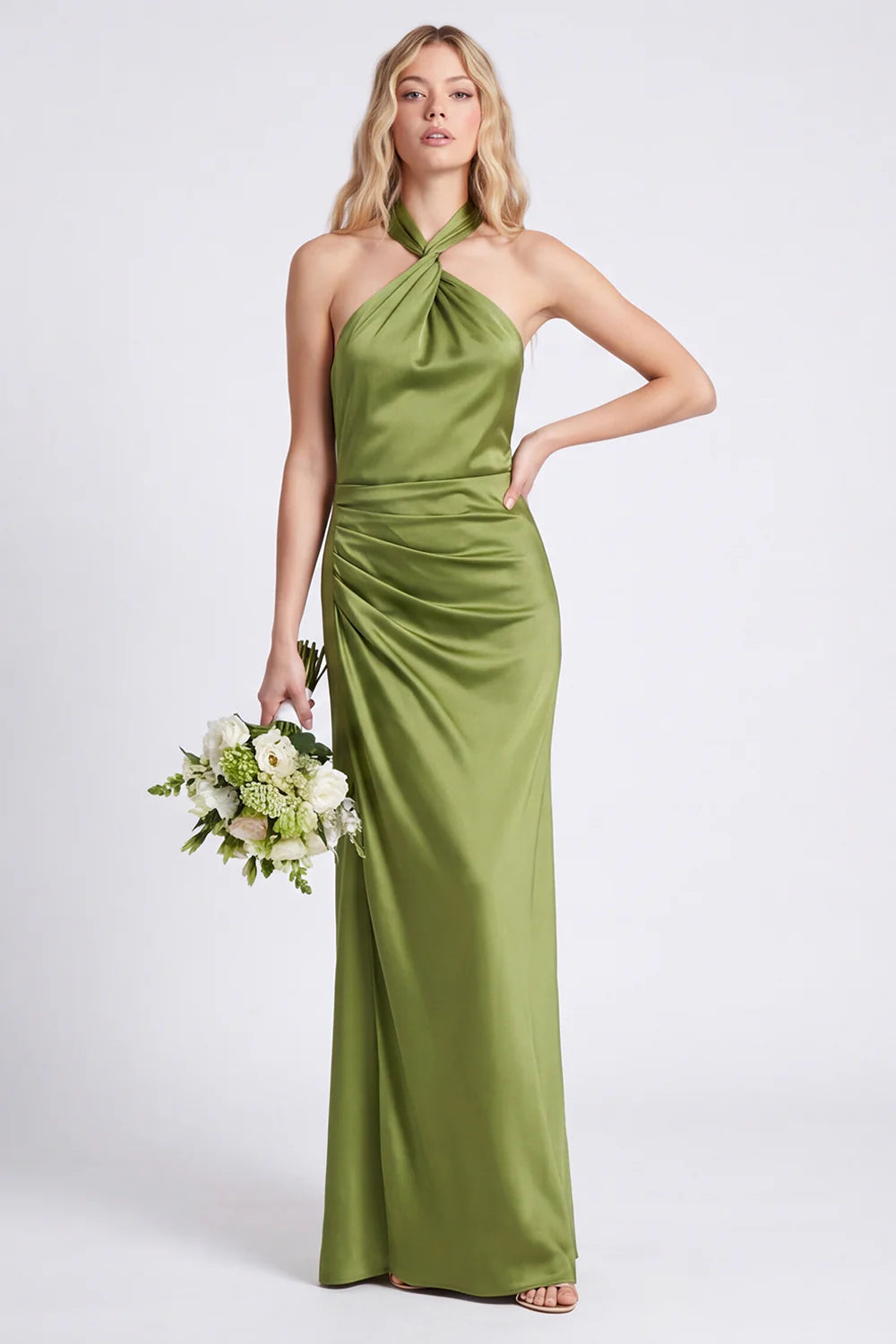 Green Halter Mermaid Ruched Long Bridesmaid Dress