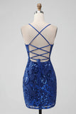 Royal Blue Bodycon Sequins Short Homecoming Dress with Lace up Back