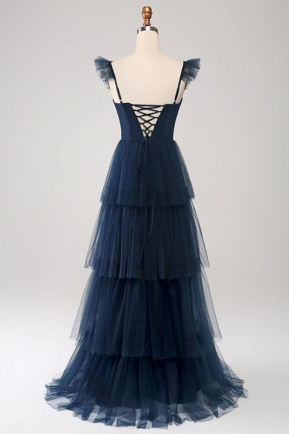 A Line Spaghetti Straps Tiered Floor Length Tulle Purple Bridesmaid Dress