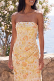 Yellow Strapless Floral Sheath Wedding Guest Dress