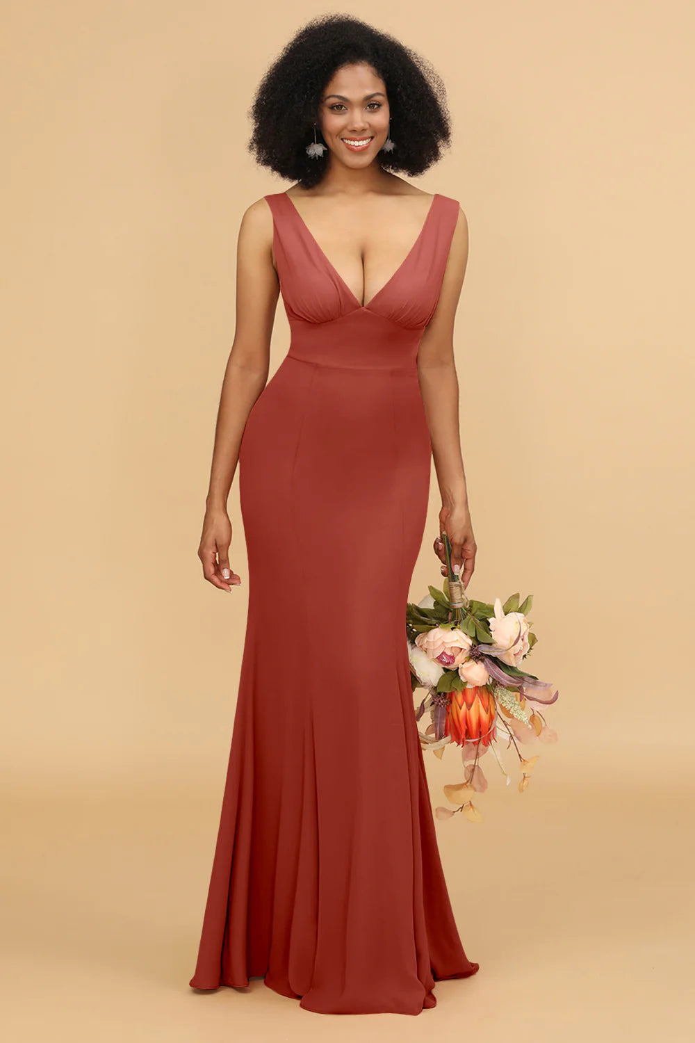 Mermaid V neck Open Back Long Chiffon Bridesmaid Dress With Ruffles
