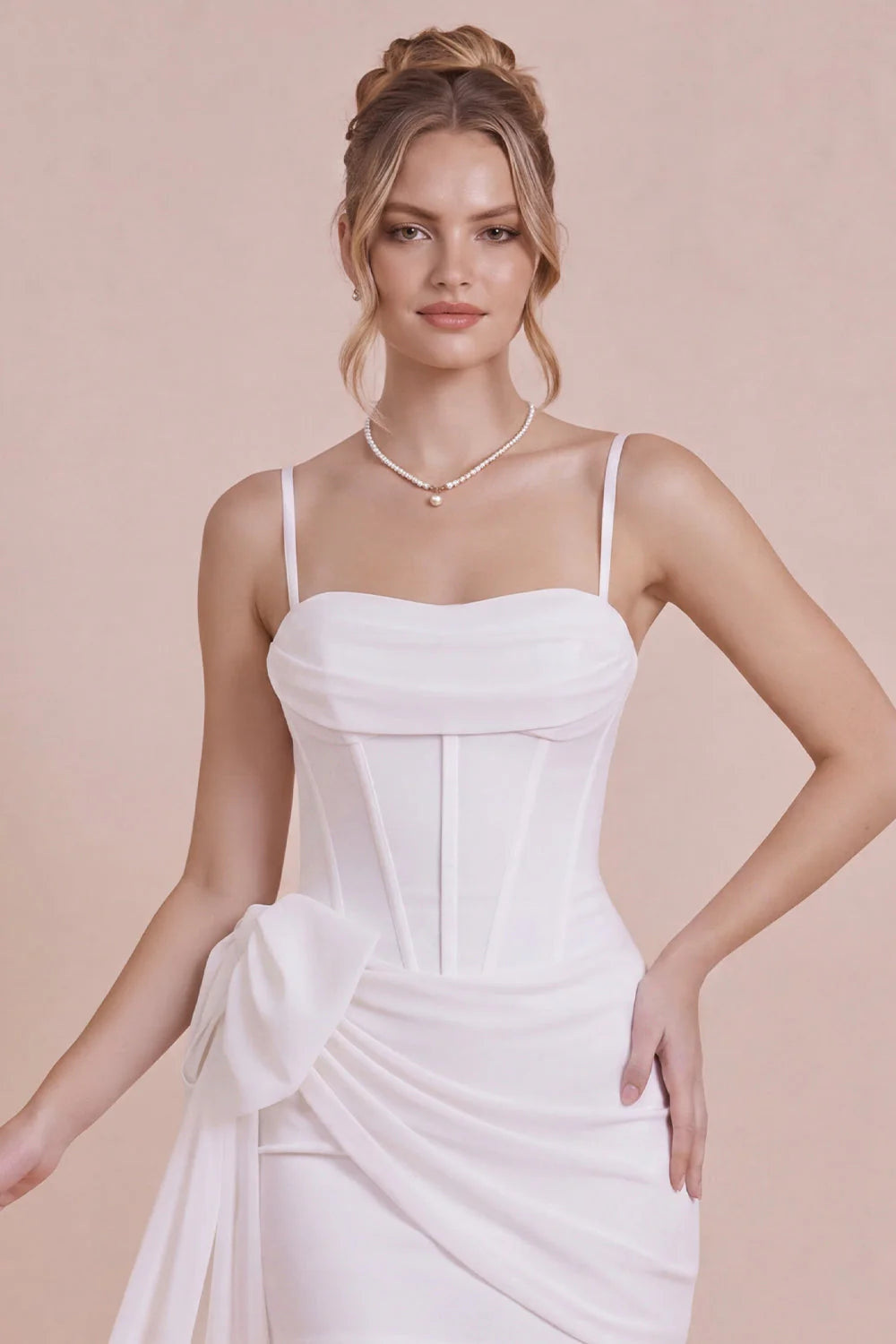 White Corset Spaghetti Straps Bodycon Graduation Dress with Bow